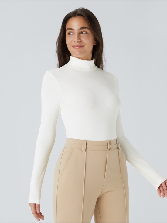 Halara Ribbed Knit High Neck Bodysuit XS White Long Sleeve Stretch Workwear - Picture 4 of 7